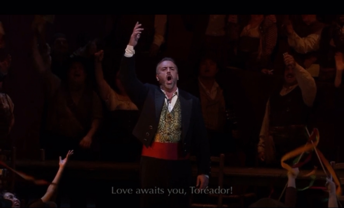 Christian Van Horn as Escamillo sings on the San Francisco Opera stage in 2024.