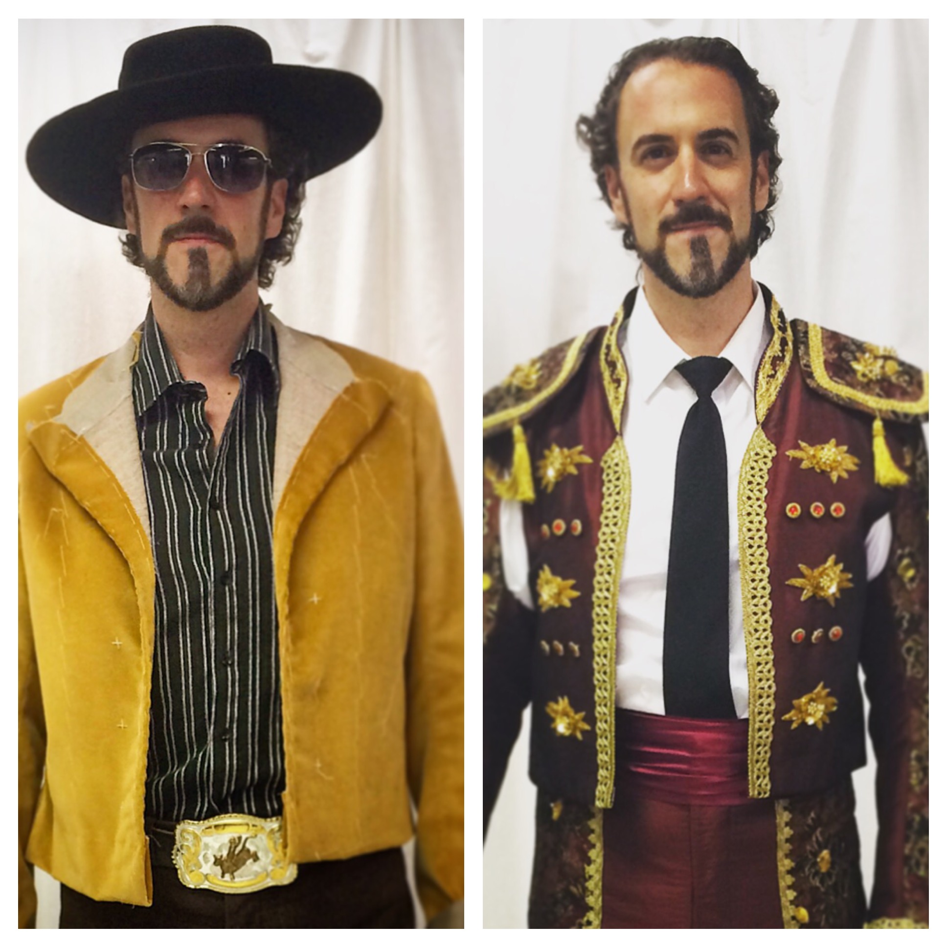 Two portraits of Christian Van Horn in contrasting Escamillo costumes.