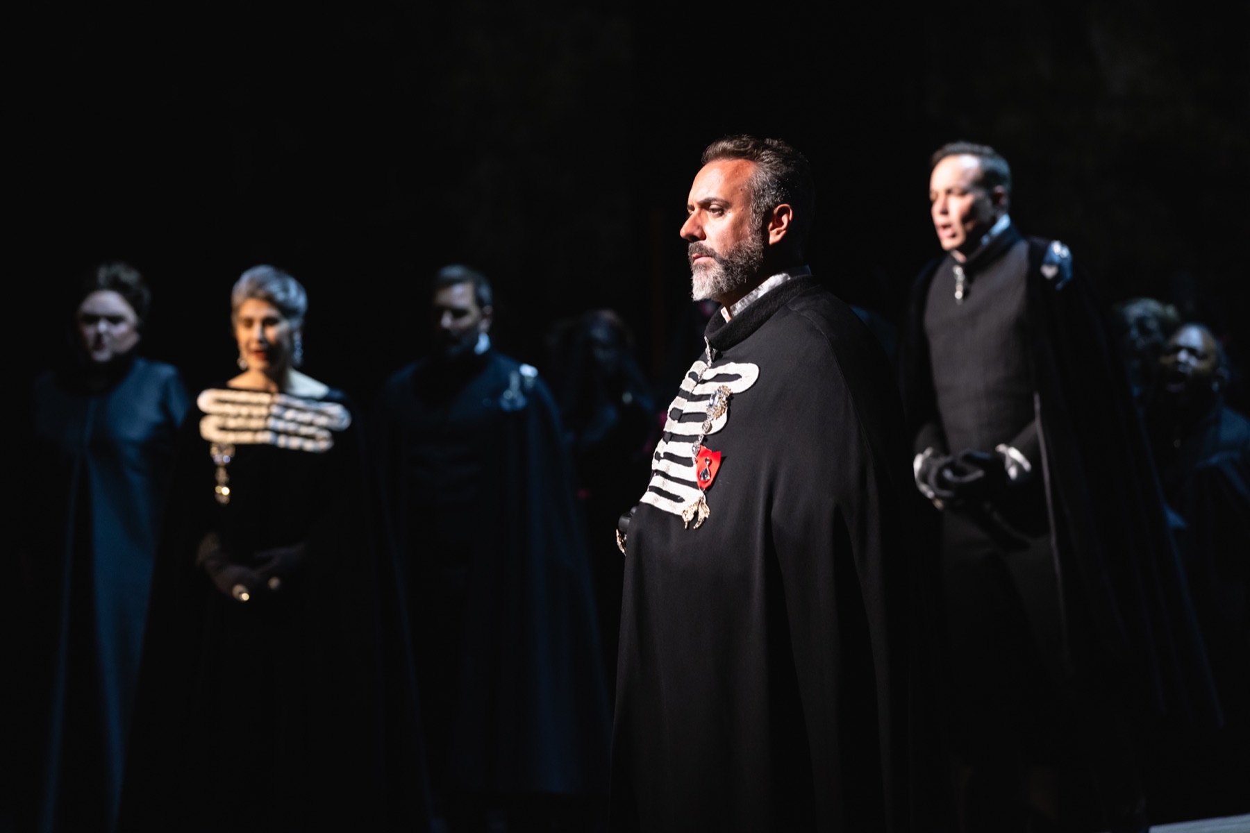 Christian Van Horn as King Philip II with the cast onstage in Don Carlo at The Dallas Opera, 2026