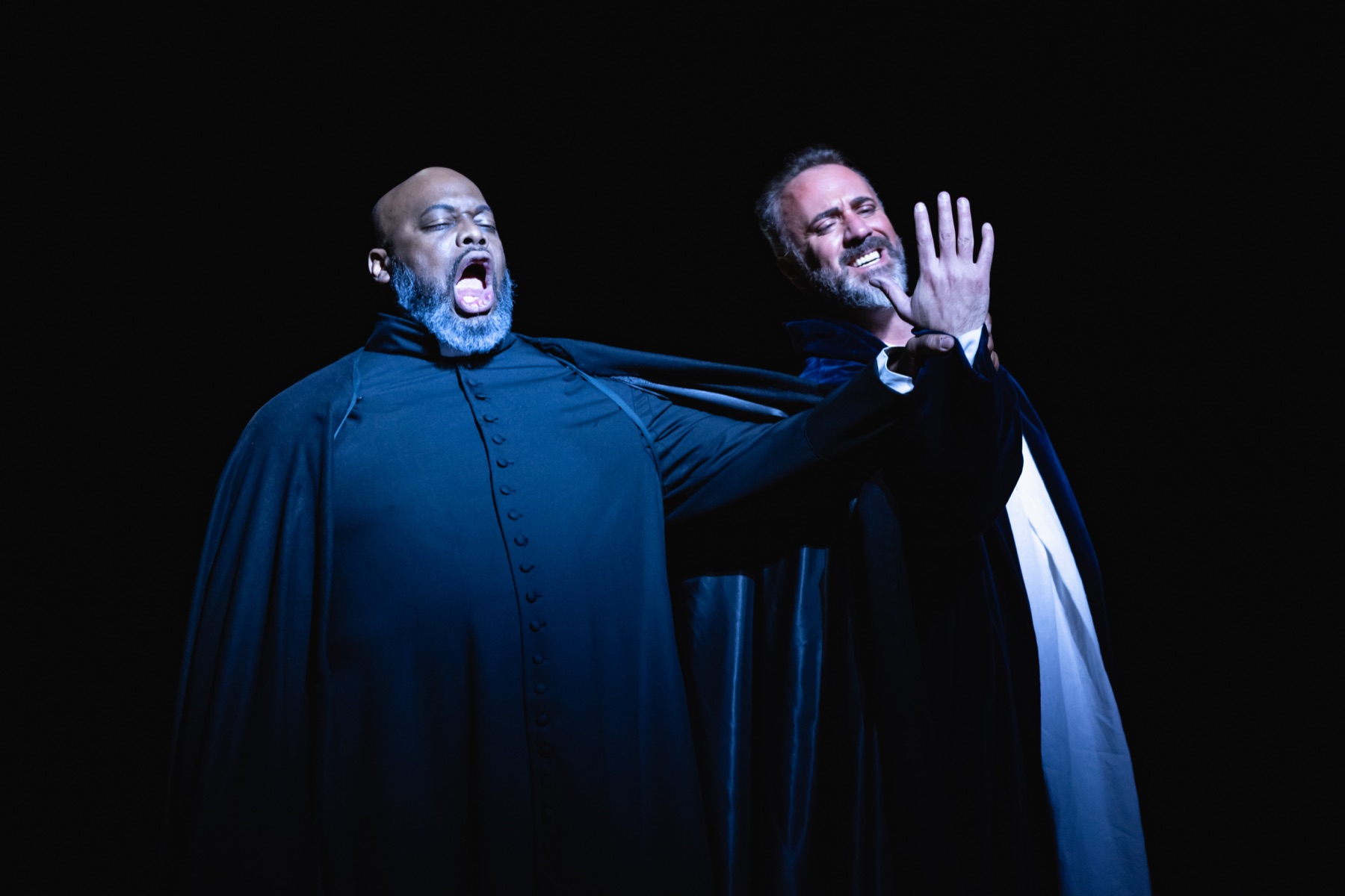 Christian Van Horn as King Philip II in a scene with another performer in Don Carlo at The Dallas Opera, 2026
