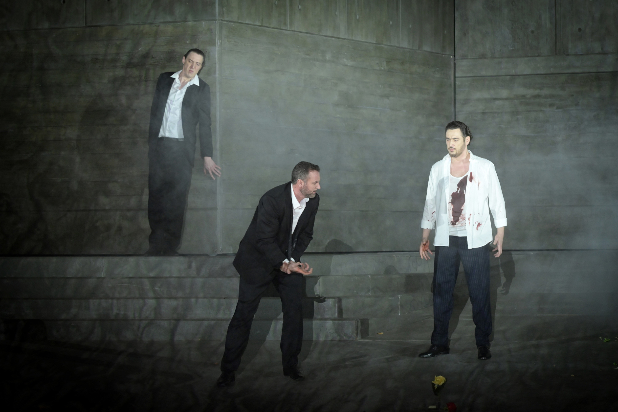 Krzysztof Bączyk, Christian Van Horn, and Alexander Tsymbalyuk in Don Giovanni at the Paris Opera