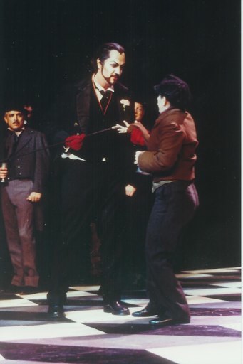 Christian Van Horn as Méphistophélès with another performer in Yale Opera’s Faust